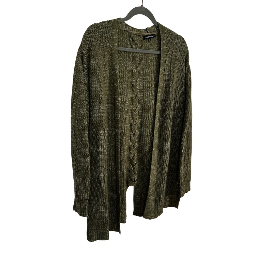 Love Ellie Olive Green Cable Knit‎ Open Front Cardigan Sweater M